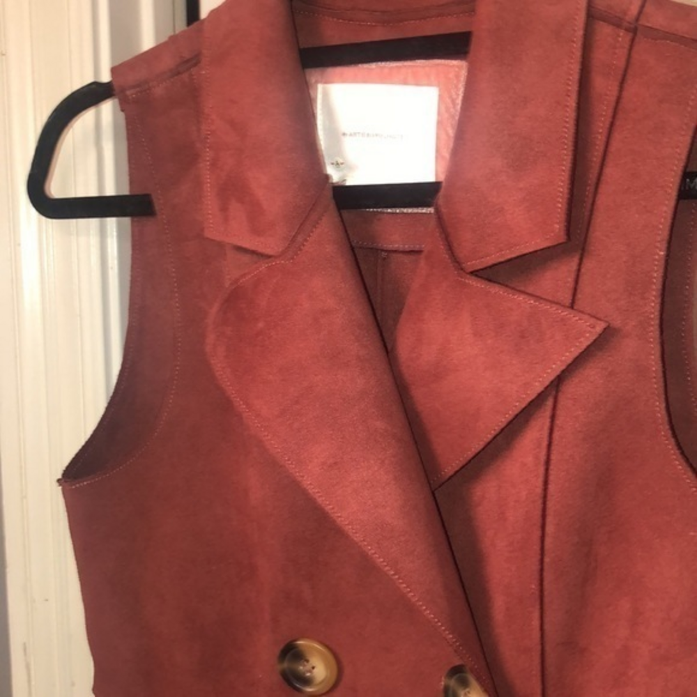 Anthropologie faux‎ suede polyester rust color double breasted & pocketed dress